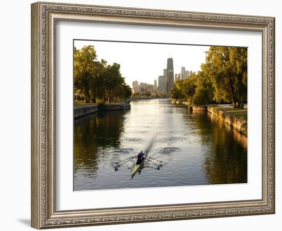 Rowers in Lincoln Park lagoon at dawn, Chicago, Illinois, USA-Alan Klehr-Framed Photographic Print