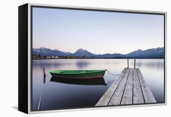 Rowing Boat on Hopfensee Lake at Sunset, Near Fussen, Allgau, Allgau Alps, Bavaria, Germany, Europe-Markus Lange-Framed Premier Image Canvas