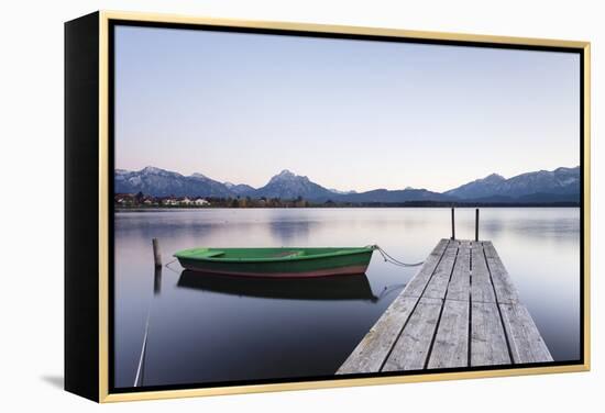 Rowing Boat on Hopfensee Lake at Sunset, Near Fussen, Allgau, Allgau Alps, Bavaria, Germany, Europe-Markus Lange-Framed Premier Image Canvas