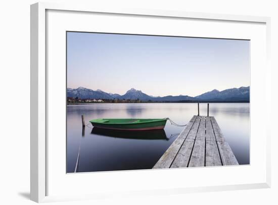 Rowing Boat on Hopfensee Lake at Sunset, Near Fussen, Allgau, Allgau Alps, Bavaria, Germany, Europe-Markus Lange-Framed Photographic Print