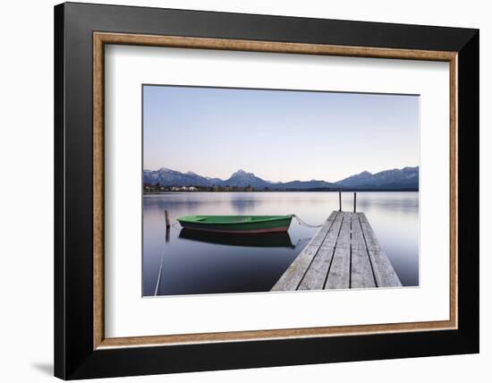 Rowing Boat on Hopfensee Lake at Sunset, Near Fussen, Allgau, Allgau Alps, Bavaria, Germany, Europe-Markus Lange-Framed Photographic Print