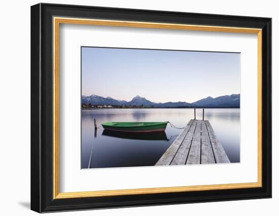 Rowing Boat on Hopfensee Lake at Sunset, Near Fussen, Allgau, Allgau Alps, Bavaria, Germany, Europe-Markus Lange-Framed Photographic Print