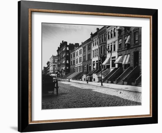 Rows of Brownstone Apartment Buildings, Some with Striped Awnings, on 88th St. Near Amsterdam Ave-Wallace G^ Levison-Framed Photographic Print