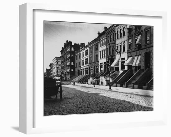 Rows of Brownstone Apartment Buildings, Some with Striped Awnings, on 88th St. Near Amsterdam Ave-Wallace G^ Levison-Framed Photographic Print