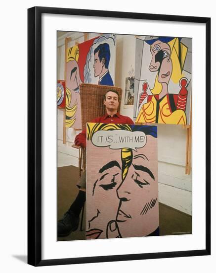 Roy Lichtenstein Holding Completed Painting-John Loengard-Framed Premium Photographic Print