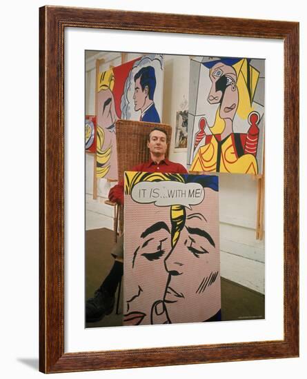 Roy Lichtenstein Holding Completed Painting-John Loengard-Framed Premium Photographic Print