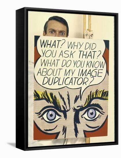 Roy Lichtenstein Holding His Painting "Image Duplicator"-John Loengard-Framed Premier Image Canvas