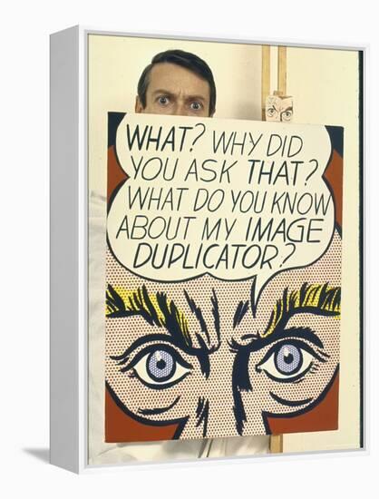 Roy Lichtenstein Holding His Painting "Image Duplicator"-John Loengard-Framed Premier Image Canvas