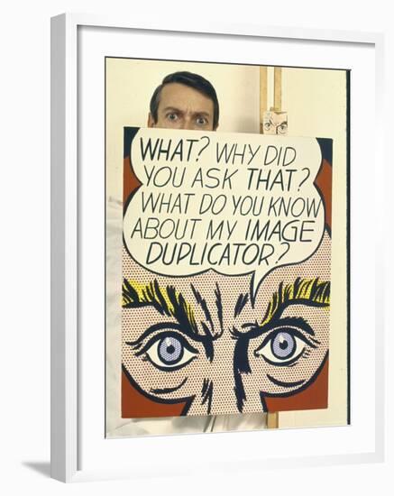 Roy Lichtenstein Holding His Painting "Image Duplicator"-John Loengard-Framed Premium Photographic Print