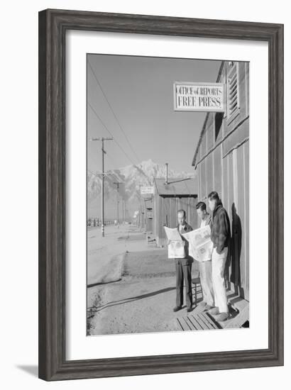 Roy Takeno (Editor) and Group Reading Manzanar Paper [I.E. Los Angeles Times] in Front of Office-Ansel Adams-Framed Art Print