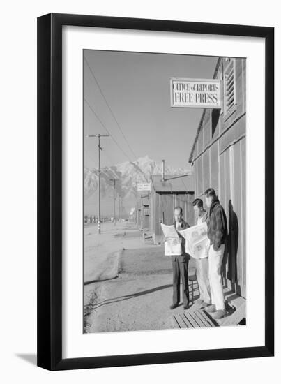 Roy Takeno (Editor) and Group Reading Manzanar Paper [I.E. Los Angeles Times] in Front of Office-Ansel Adams-Framed Art Print