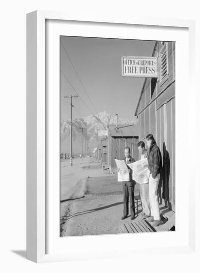 Roy Takeno (Editor) and Group Reading Manzanar Paper [I.E. Los Angeles Times] in Front of Office-Ansel Adams-Framed Art Print