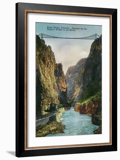 Royal Gorge, Colorado, View of the Bridge and Denver and Rio Grand Railroad Train-Lantern Press-Framed Art Print