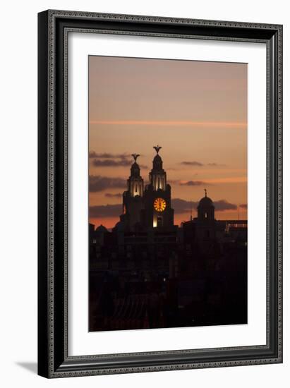 Royal Liver Building at Dusk, Liverpool, Merseyside, England, UK-Paul McMullin-Framed Photo