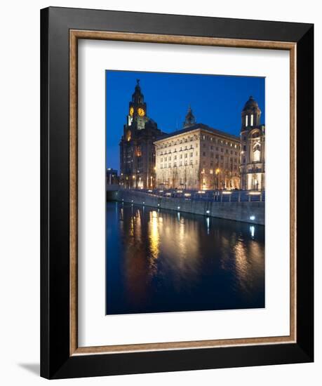 Royal Liver Building at Dusk, Pier Head, UNESCO World Heritage Site, Liverpool, Merseyside, England-Chris Hepburn-Framed Photographic Print