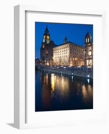 Royal Liver Building at Dusk, Pier Head, UNESCO World Heritage Site, Liverpool, Merseyside, England-Chris Hepburn-Framed Photographic Print