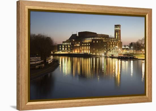 Royal Shakespeare Theatre Lit Up at Dusk Beside River Avon, Stratford-Upon-Avon, Warwickshire-Stuart Black-Framed Premier Image Canvas