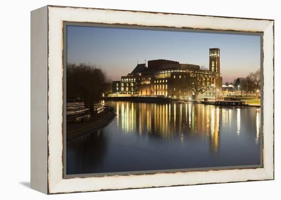 Royal Shakespeare Theatre Lit Up at Dusk Beside River Avon, Stratford-Upon-Avon, Warwickshire-Stuart Black-Framed Premier Image Canvas