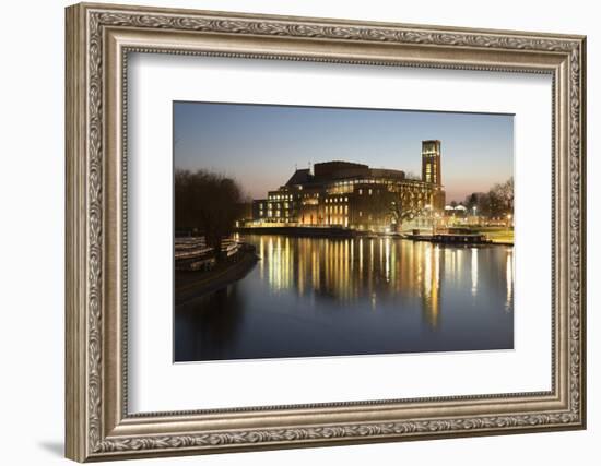 Royal Shakespeare Theatre Lit Up at Dusk Beside River Avon, Stratford-Upon-Avon, Warwickshire-Stuart Black-Framed Photographic Print