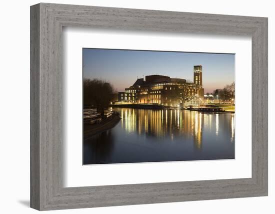 Royal Shakespeare Theatre Lit Up at Dusk Beside River Avon, Stratford-Upon-Avon, Warwickshire-Stuart Black-Framed Photographic Print