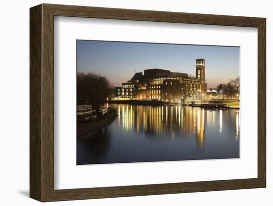 Royal Shakespeare Theatre Lit Up at Dusk Beside River Avon, Stratford-Upon-Avon, Warwickshire-Stuart Black-Framed Photographic Print