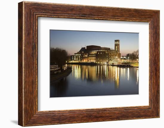 Royal Shakespeare Theatre Lit Up at Dusk Beside River Avon, Stratford-Upon-Avon, Warwickshire-Stuart Black-Framed Photographic Print