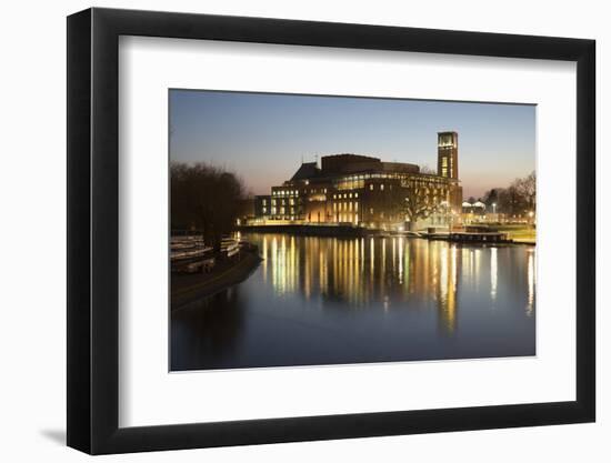 Royal Shakespeare Theatre Lit Up at Dusk Beside River Avon, Stratford-Upon-Avon, Warwickshire-Stuart Black-Framed Photographic Print