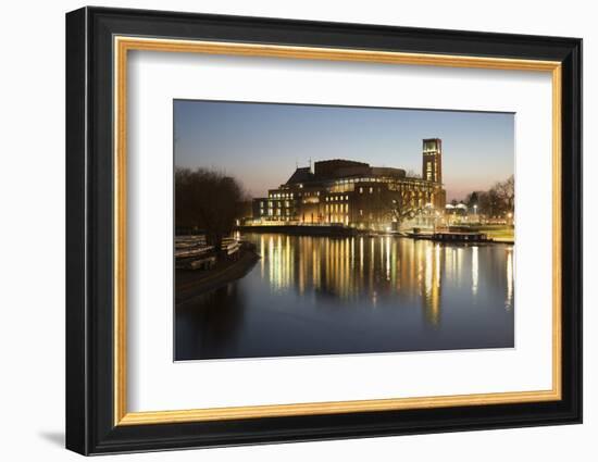 Royal Shakespeare Theatre Lit Up at Dusk Beside River Avon, Stratford-Upon-Avon, Warwickshire-Stuart Black-Framed Photographic Print