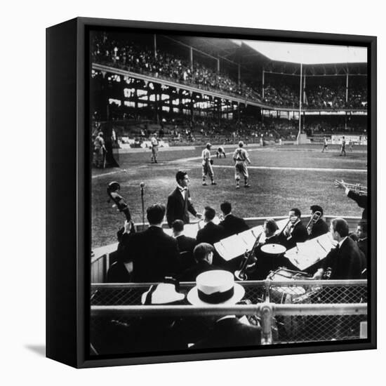 Rudy Friml Jr.'s Hot Jazz Band, Playing at Ebbets Field During Dodgers vs. Cardinals Baseball Game-David Scherman-Framed Premier Image Canvas