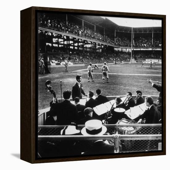 Rudy Friml Jr.'s Hot Jazz Band, Playing at Ebbets Field During Dodgers vs. Cardinals Baseball Game-David Scherman-Framed Premier Image Canvas