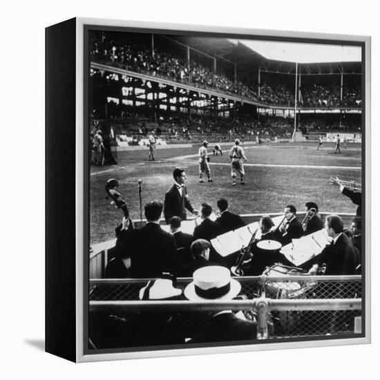 Rudy Friml Jr.'s Hot Jazz Band, Playing at Ebbets Field During Dodgers vs. Cardinals Baseball Game-David Scherman-Framed Premier Image Canvas