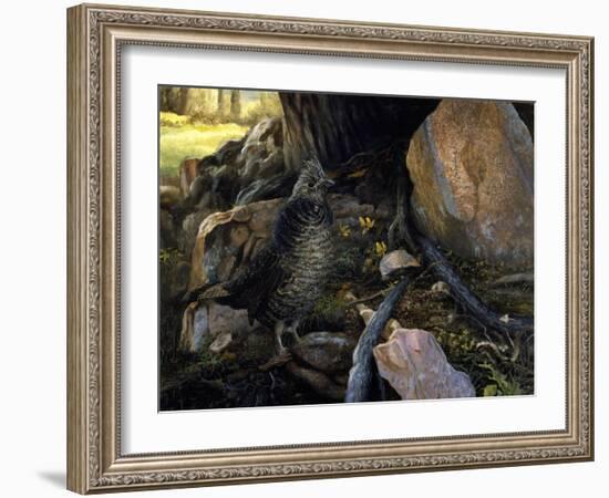 Ruffed Grouse and Trout Lilies-Kevin Dodds-Framed Giclee Print