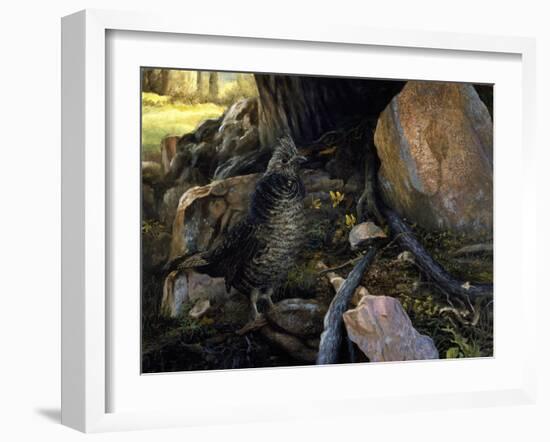 Ruffed Grouse and Trout Lilies-Kevin Dodds-Framed Giclee Print