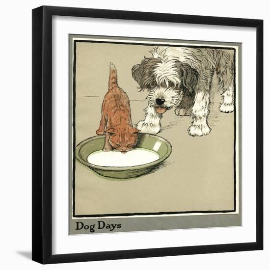 Rufus the Cat Drinks from a Bowl, Watched by a Dog-Cecil Aldin-Framed Photographic Print