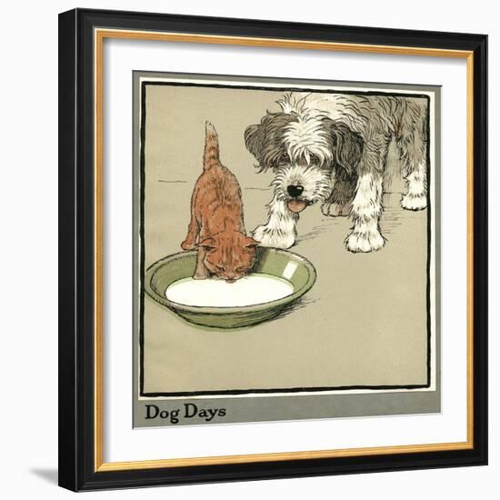 Rufus the Cat Drinks from a Bowl, Watched by a Dog-Cecil Aldin-Framed Photographic Print