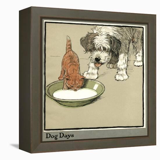 Rufus the Cat Drinks from a Bowl, Watched by a Dog-Cecil Aldin-Framed Premier Image Canvas