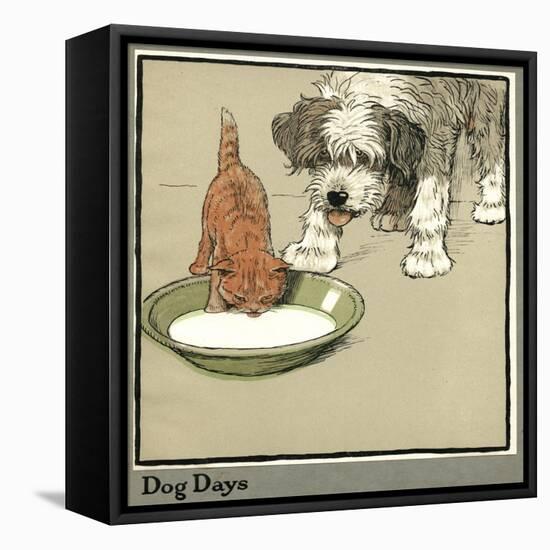 Rufus the Cat Drinks from a Bowl, Watched by a Dog-Cecil Aldin-Framed Premier Image Canvas