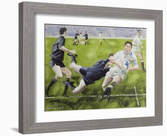 Rugby Match: England v New Zealand in the World Cup, 1991, Rory Underwood Being Tackled-Gareth Lloyd Ball-Framed Giclee Print