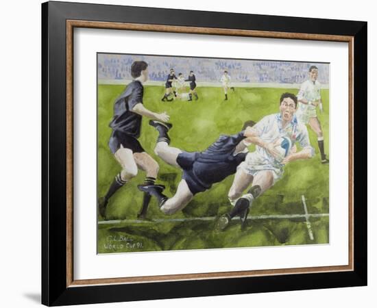 Rugby Match: England v New Zealand in the World Cup, 1991, Rory Underwood Being Tackled-Gareth Lloyd Ball-Framed Giclee Print