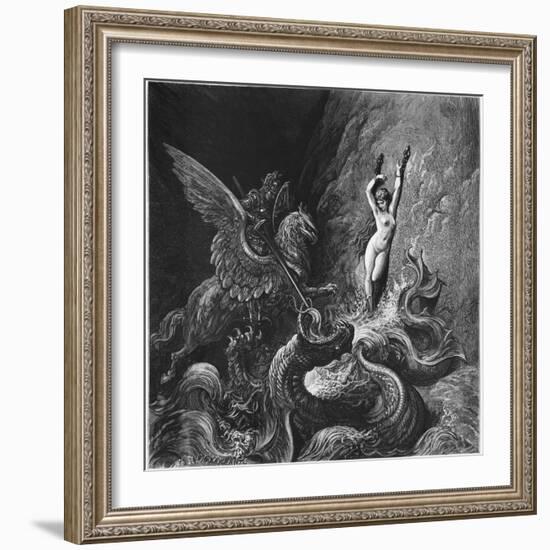 Ruggiero Rescuing Angelica, Illustration from Canto X of 'Orlando Furioso' by Ludovico Ariosto-Gustave Doré-Framed Giclee Print