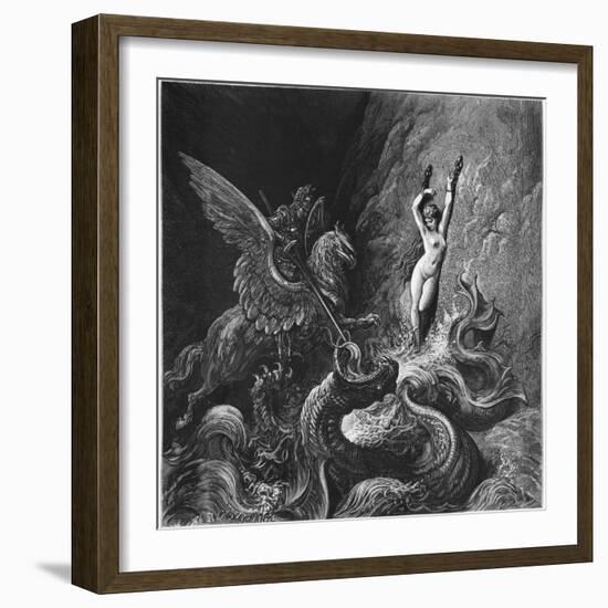 Ruggiero Rescuing Angelica, Illustration from Canto X of 'Orlando Furioso' by Ludovico Ariosto-Gustave Doré-Framed Giclee Print