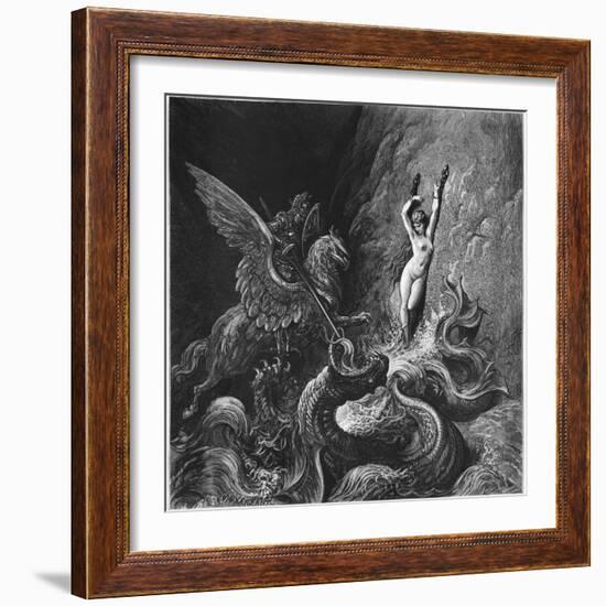 Ruggiero Rescuing Angelica, Illustration from Canto X of 'Orlando Furioso' by Ludovico Ariosto-Gustave Doré-Framed Giclee Print