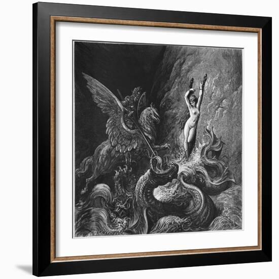 Ruggiero Rescuing Angelica, Illustration from Canto X of 'Orlando Furioso' by Ludovico Ariosto-Gustave Doré-Framed Giclee Print