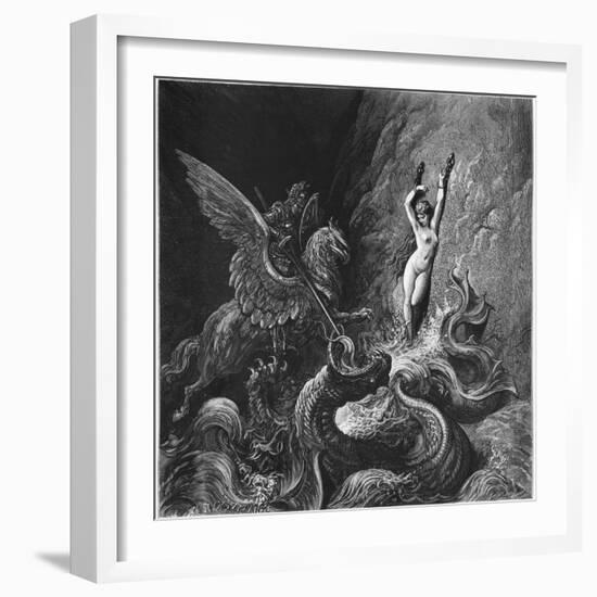 Ruggiero Rescuing Angelica, Illustration from Canto X of 'Orlando Furioso' by Ludovico Ariosto-Gustave Doré-Framed Giclee Print