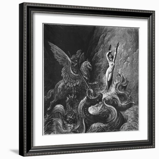 Ruggiero Rescuing Angelica, Illustration from Canto X of 'Orlando Furioso' by Ludovico Ariosto-Gustave Doré-Framed Giclee Print