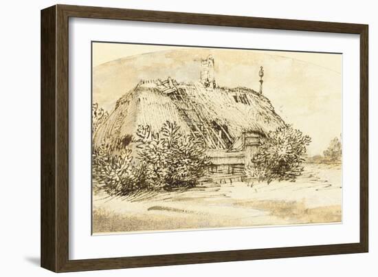 Ruined Thatched Cottage Overgrown with Bushes (Pen and Ink and Wash on Paper)-Rembrandt van Rijn-Framed Giclee Print