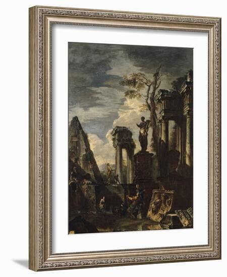 Ruines d'architecture antique avec la pyramide de Cestius et la statue de Flore.-Giovanni Paolo Pannini-Framed Giclee Print