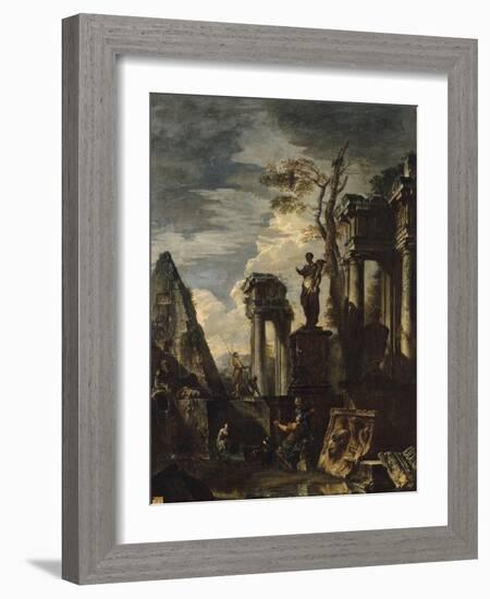 Ruines d'architecture antique avec la pyramide de Cestius et la statue de Flore.-Giovanni Paolo Pannini-Framed Giclee Print