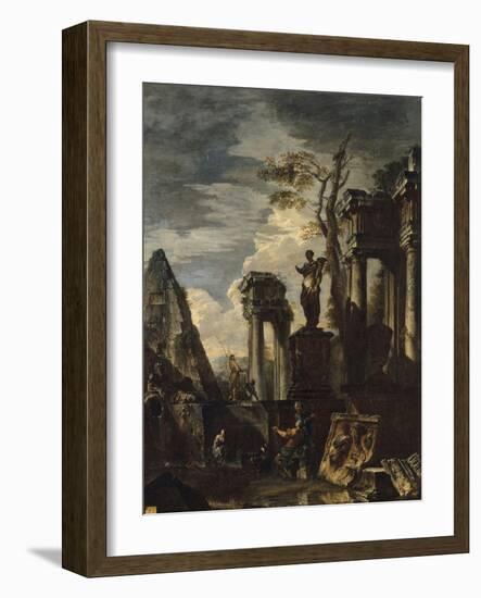 Ruines d'architecture antique avec la pyramide de Cestius et la statue de Flore.-Giovanni Paolo Pannini-Framed Giclee Print