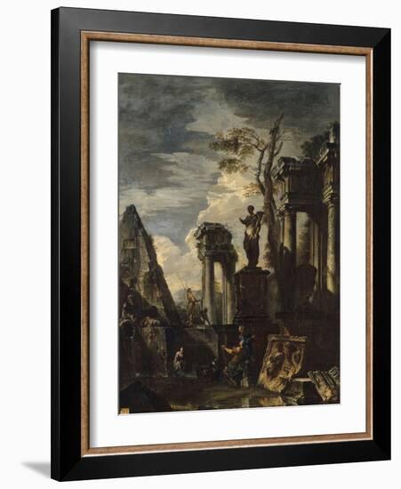 Ruines d'architecture antique avec la pyramide de Cestius et la statue de Flore.-Giovanni Paolo Pannini-Framed Giclee Print